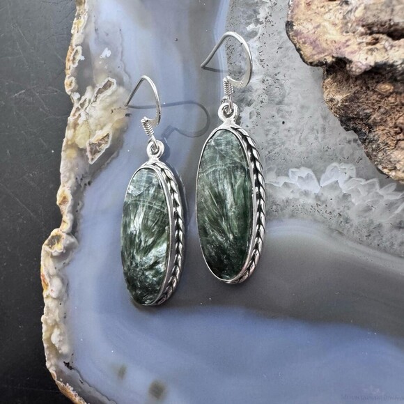 Sterling Southwestern Style Elongated Oval Serpentine Dangle Earrings For Women - Picture 5 of 10